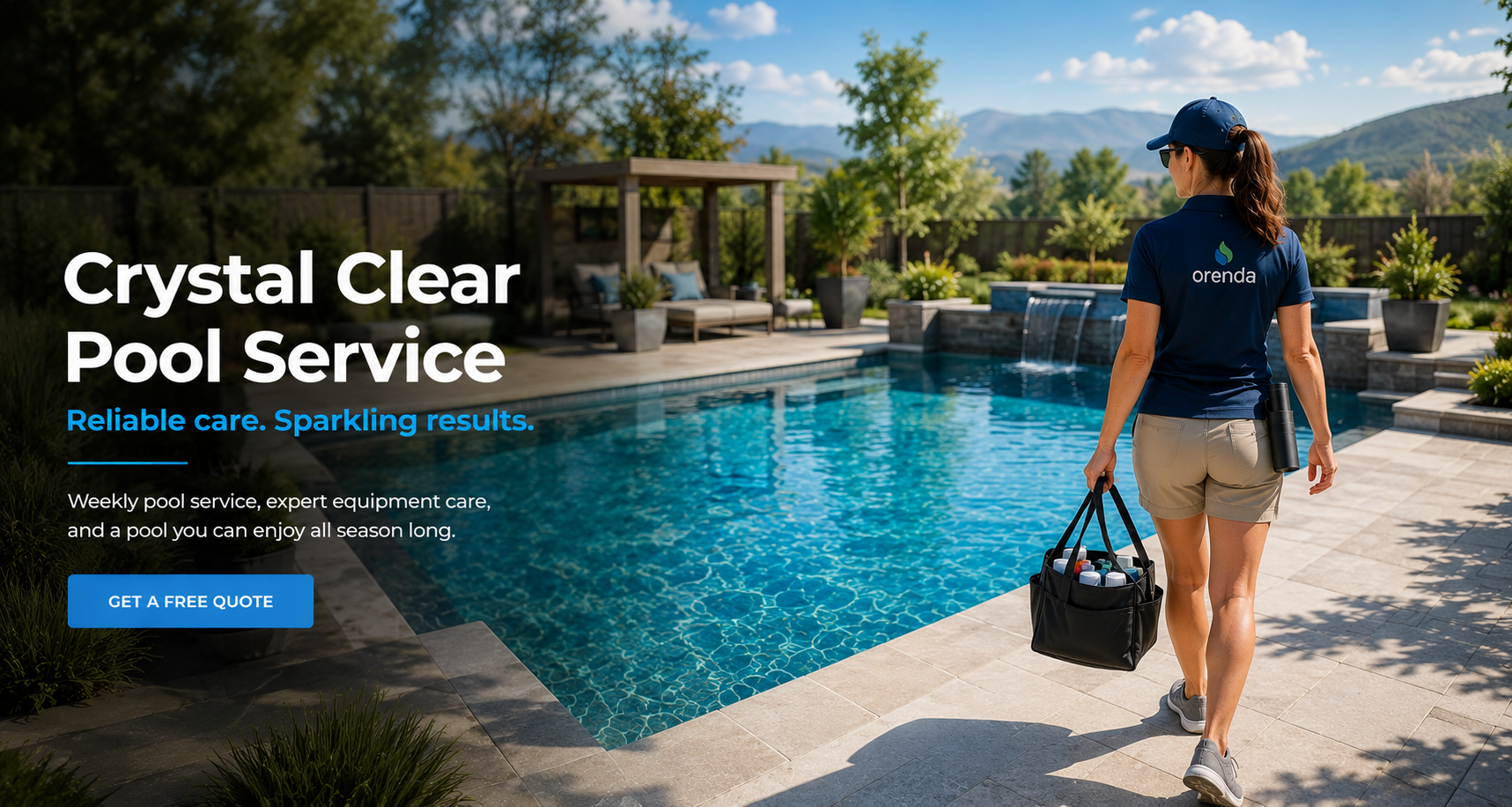 A woman walking along the edge of a luxurious outdoor pool on a sunny day, carrying a black bag with pool supplies and dressed in a navy uniform with the logo "orenda" on the back.