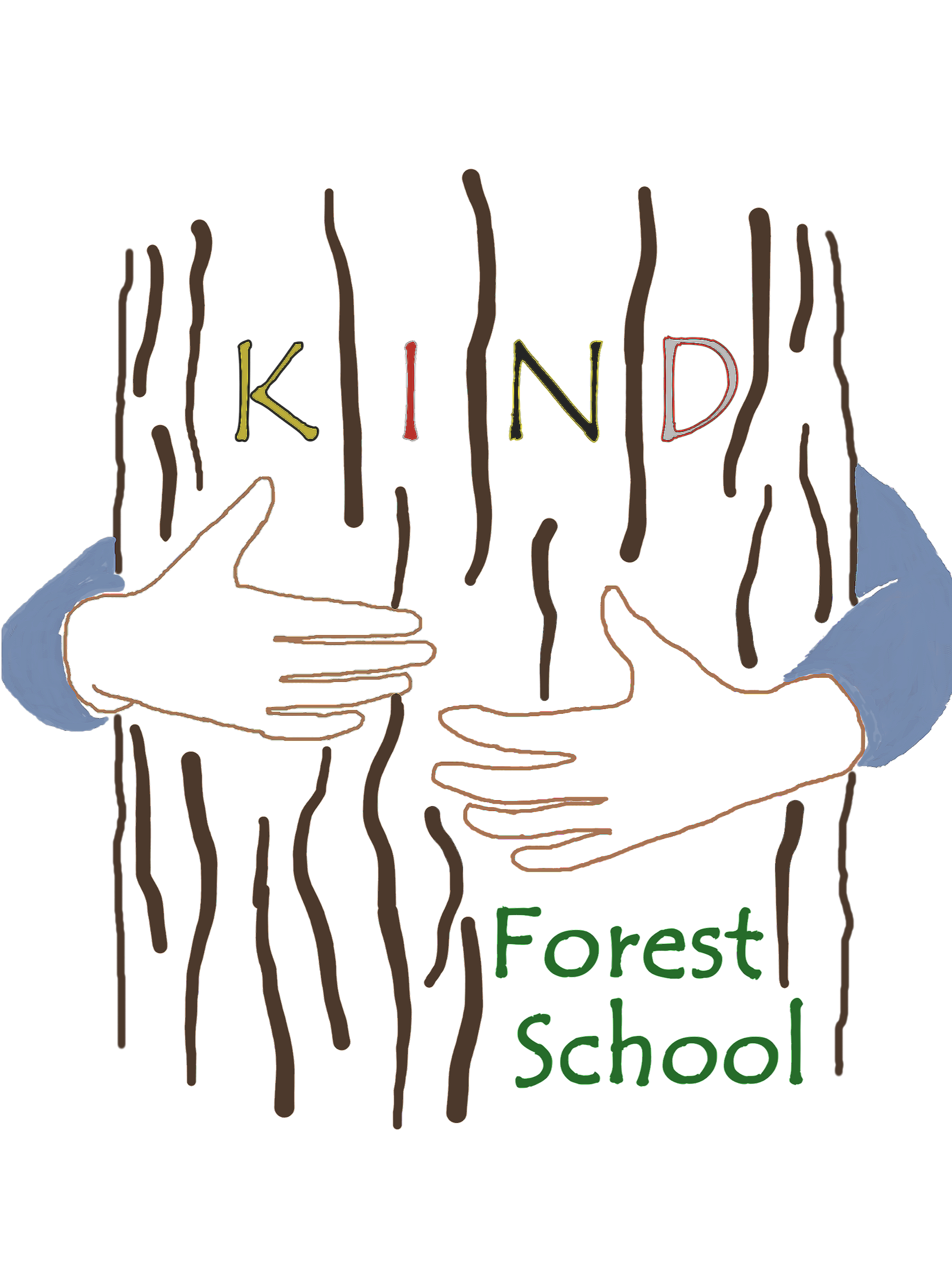 A drawing of a forest scene with two hands holding a sign that reads Kind Forest School underneath.