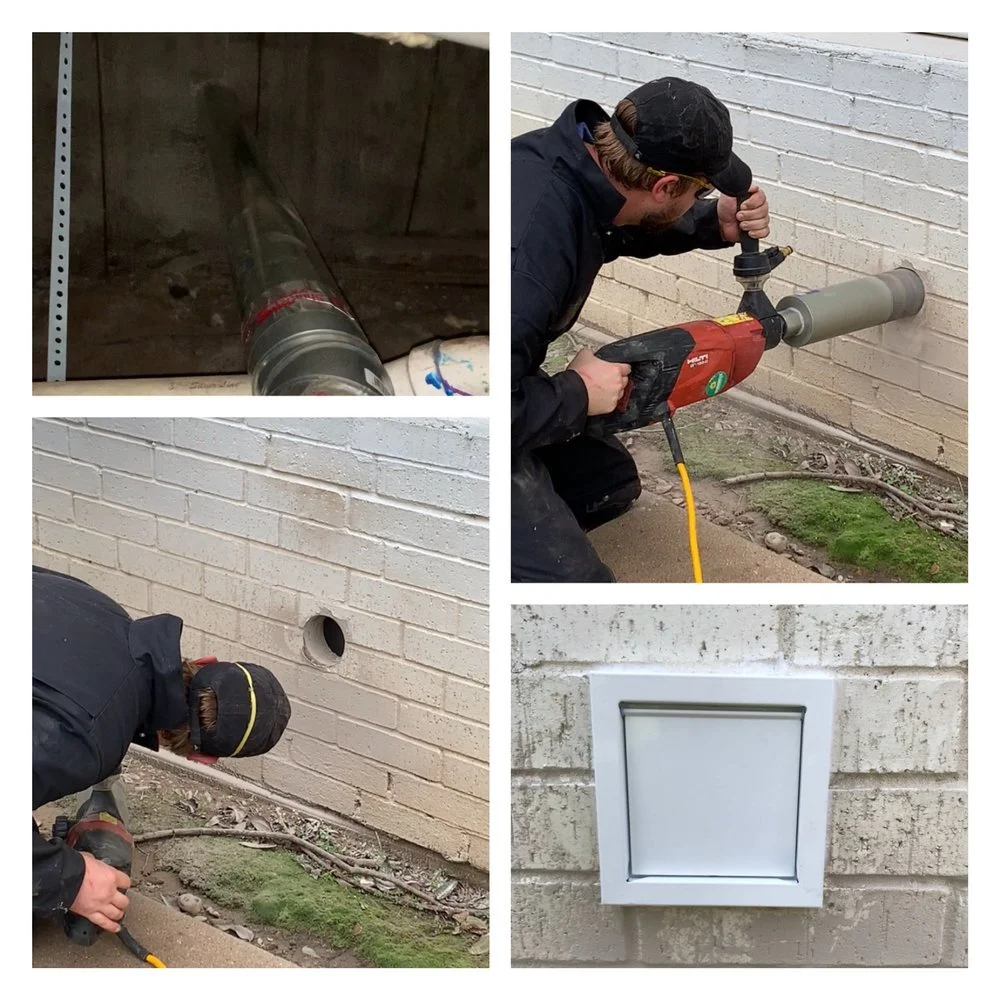 A collage showing a person installing a wall vent and pipe. The top left shows a pipe running through an attic. The top right shows a person using a power drill on an exterior wall. The bottom left shows the person drilling near a wall vent opening. 