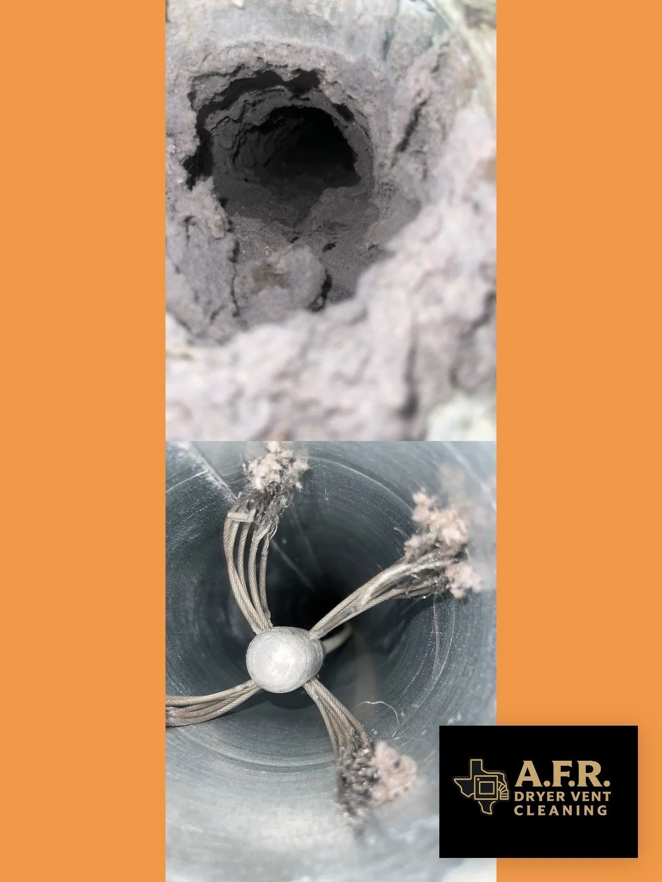 Close-up images of a dryer vent. The first shows a dusty, clogged dryer vent opening, and the second shows clean dryer vent wires inside the vent tube. The bottom right corner includes a logo for A.F.R. Dryer Vent Cleaning.