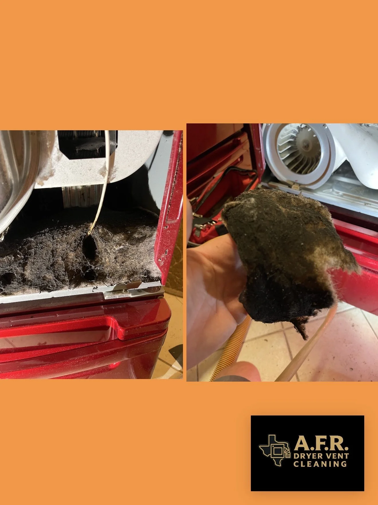 A two-part image showing the interior of a dryer with a large amount of lint and debris inside, and a hand holding the accumulated lint. The image promotes A.F.R. Dryer Vent Cleaning services.