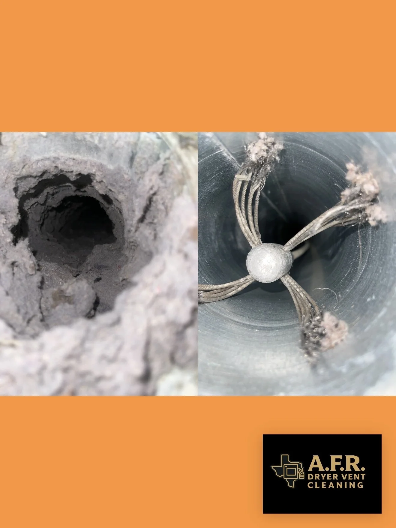 Close-up images of a dryer vent cleaning process featuring a clogged dryer vent on the left and a cleaned vent with cleaning tools on the right, alongside the logo of A.F.R. Dryer Vent Cleaning.