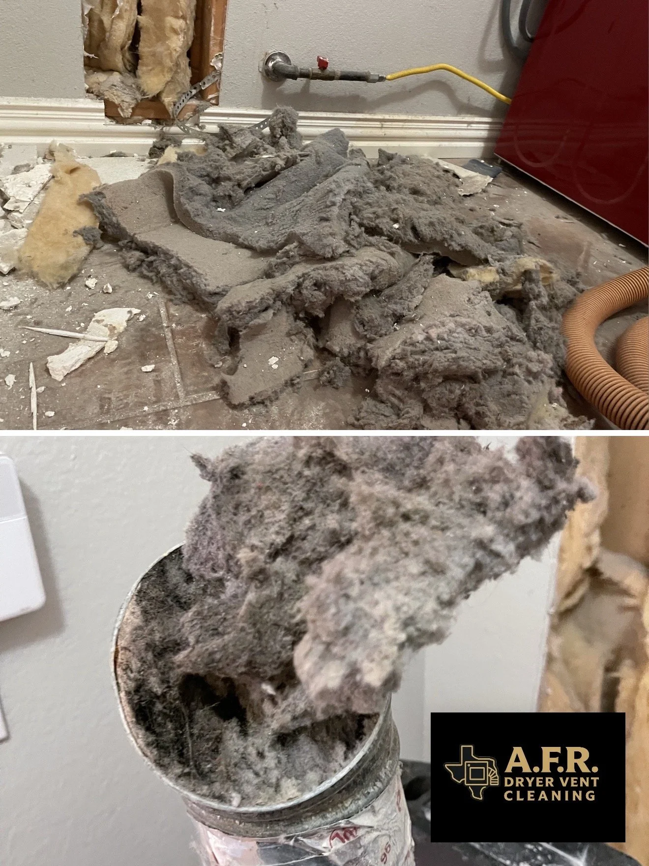 Images of significant accumulated lint, dust, and debris inside a dryer's vent pipe, with the top image showing the outside of the vent and the bottom image showing the interior of the pipe with lint buildup. Logo indicating professional dryer vent c
