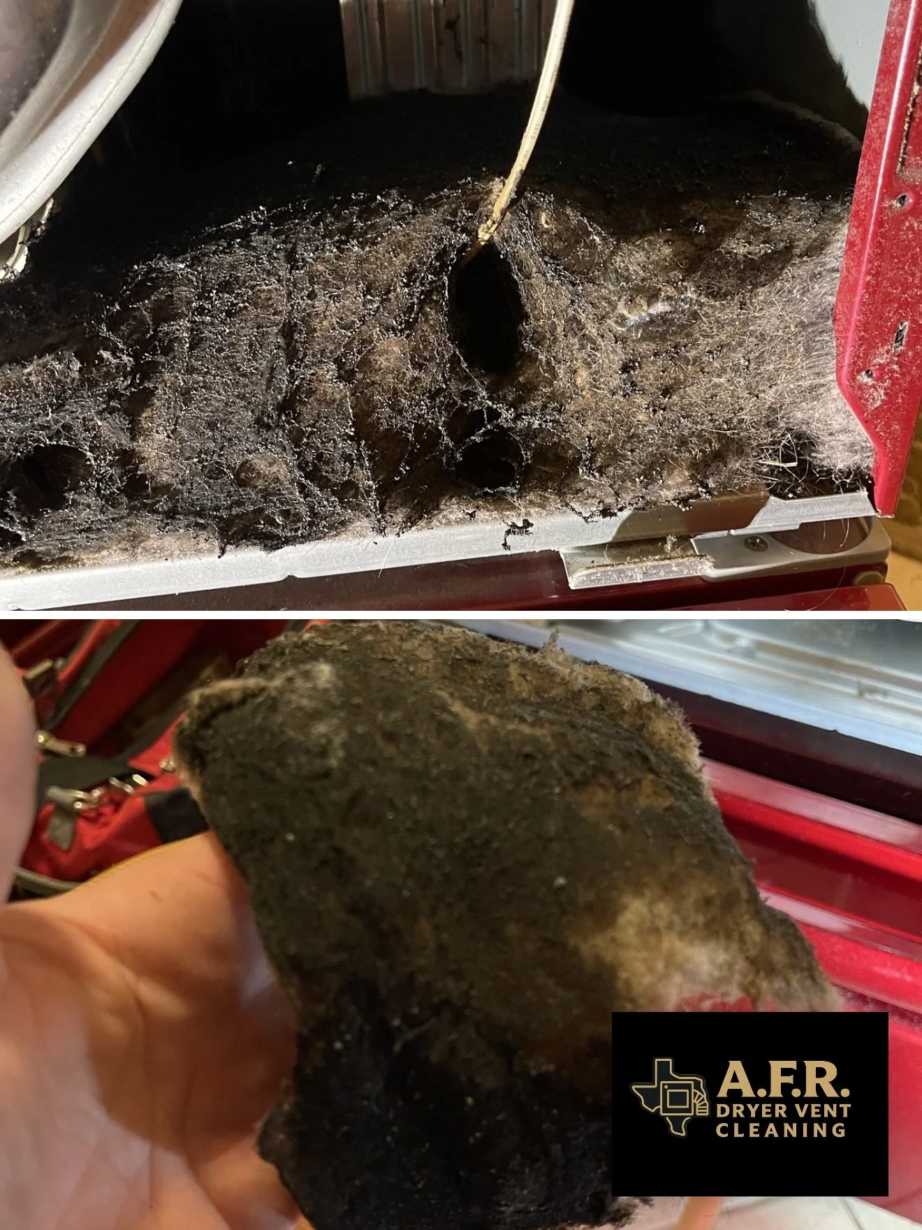 A person holding a dirty, greasy vacuum filter with dust and debris on it, indicating a vent cleaning process, with logo of A.F.R. Dryer Vent Cleaning.