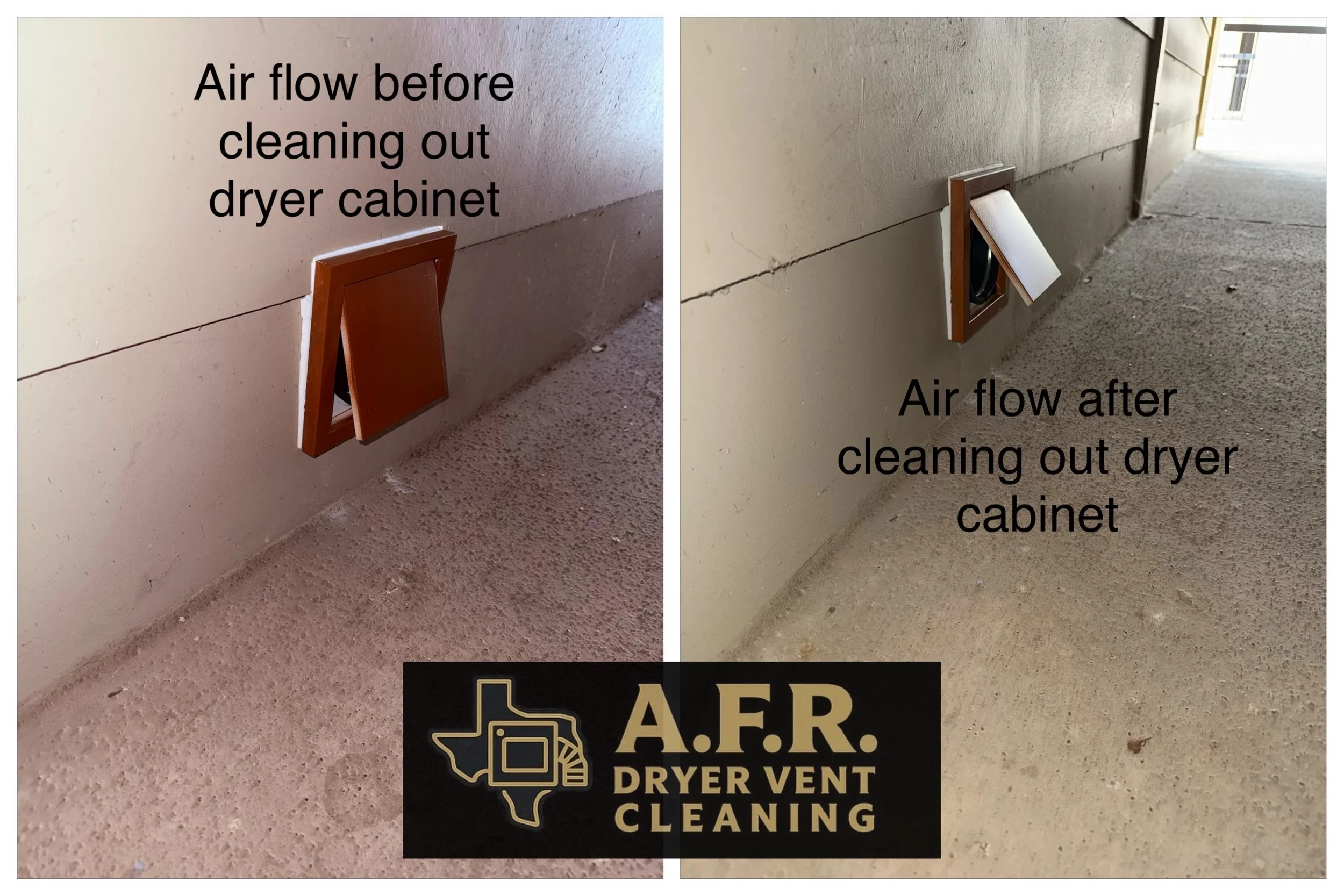 Comparison of a wall vent cover before and after cleaning out a dryer vent. The left side shows the vent cover on a dusty wall with the label 'Air flow before cleaning out dryer cabinet.' The right side shows the vent cover after cleaning, with the l