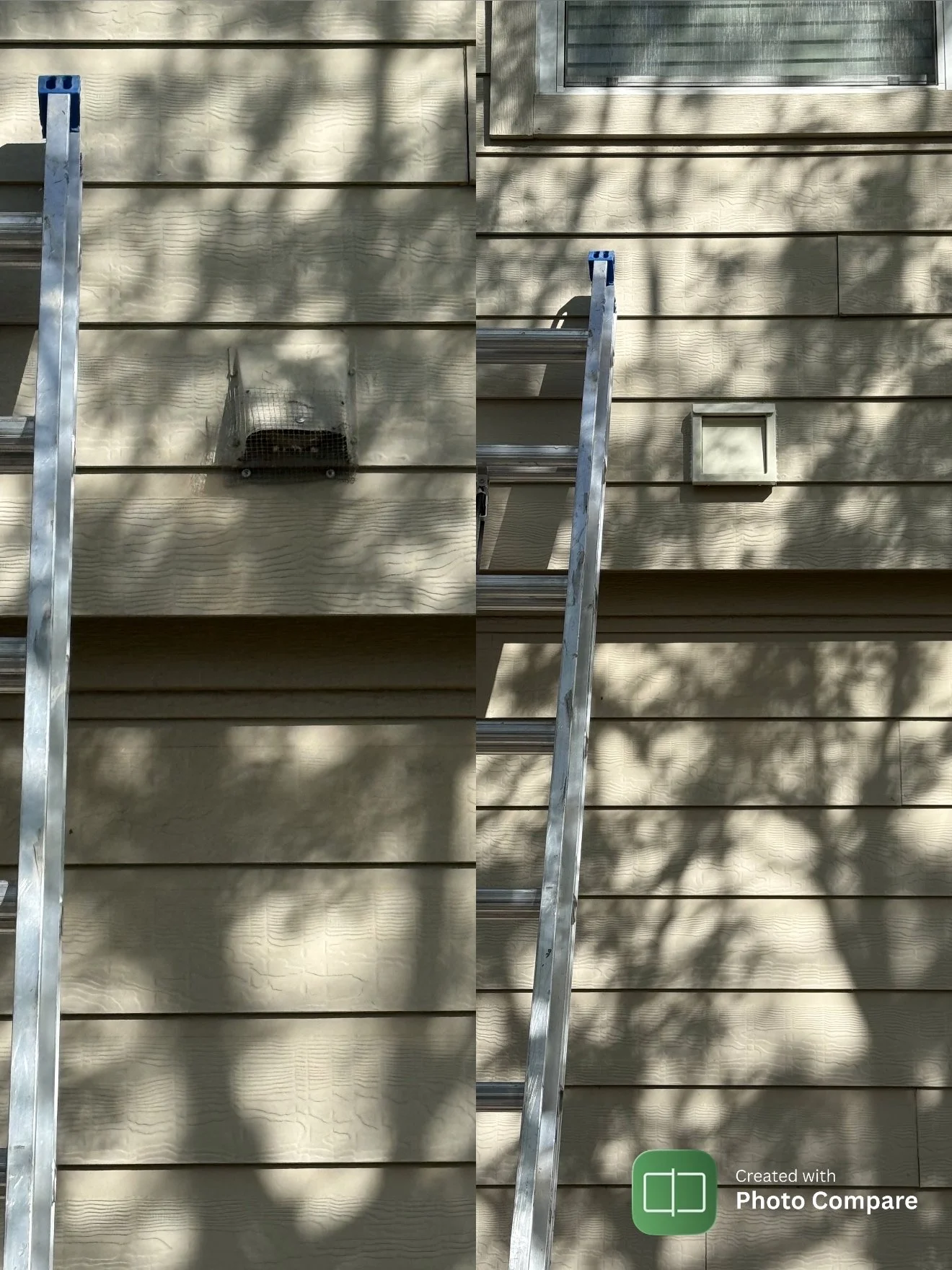 Comparison of two side-by-side images of a house's exterior wall with beige horizontal siding. The left image shows a vent with a protective wire cover partially obscured by shadows. The right image shows a clean vent cover with no wire guard, and a 