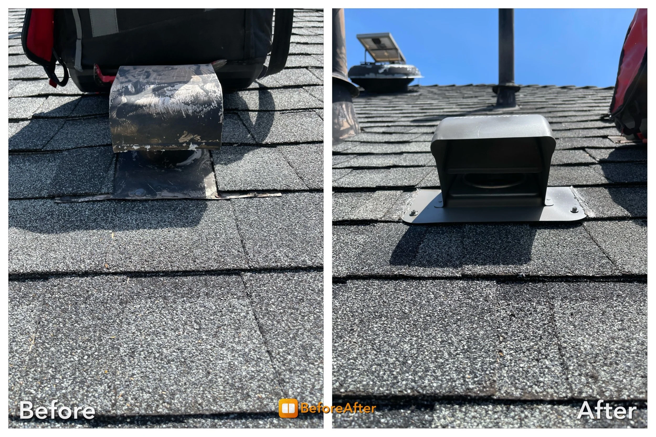 Comparison of a roof vent pipe flashing before and after cleaning. The 'Before' image shows the vent with noticeable dirt and grime, while the 'After' image shows the vent clean and free of debris with a shiny, new appearance.