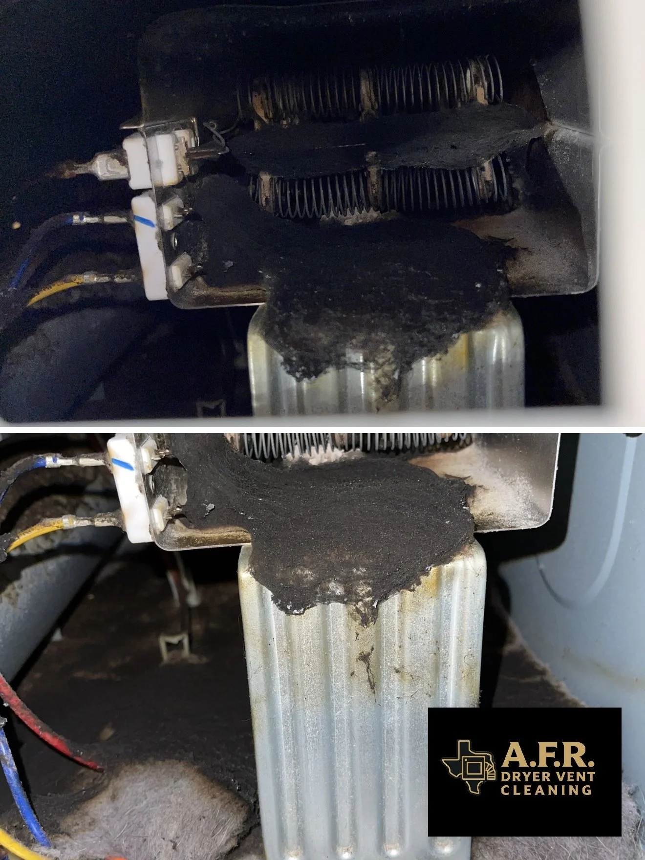 Comparison of dryer vent cleaning before and after service showing significant soot and lint removal from the vent.