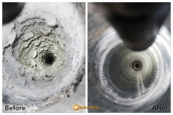 Comparison of a pipe interior before and after cleaning, showing accumulation of debris and buildup in the 'before' image and a clean, smooth surface in the 'after' image.