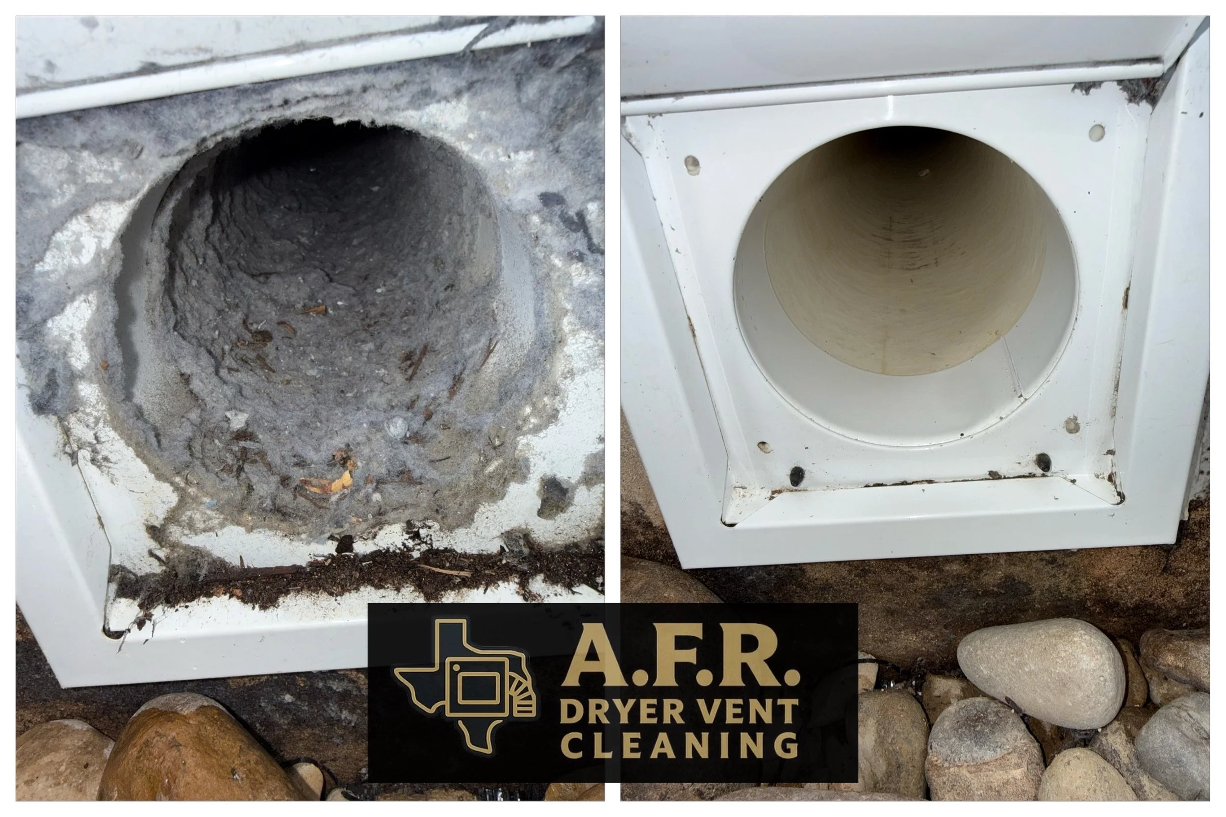 Comparison of a dirty, clogged dryer vent on the left and a clean dryer vent on the right, with the logo of A.F.R. Dryer Vent Cleaning at the bottom.