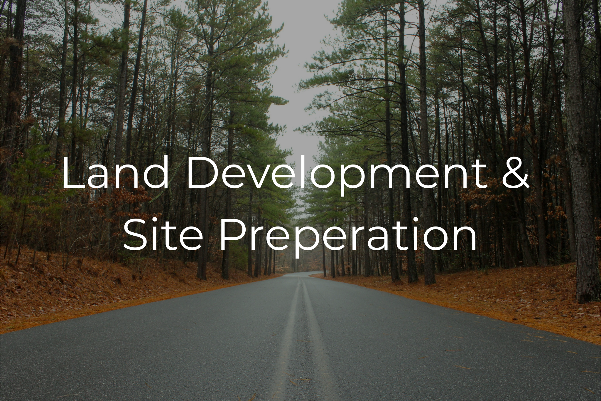 A paved road through a dense forest with tall trees and brown fallen leaves on the ground, overlaid with white text reading 'Land Development & Site Preparation'.