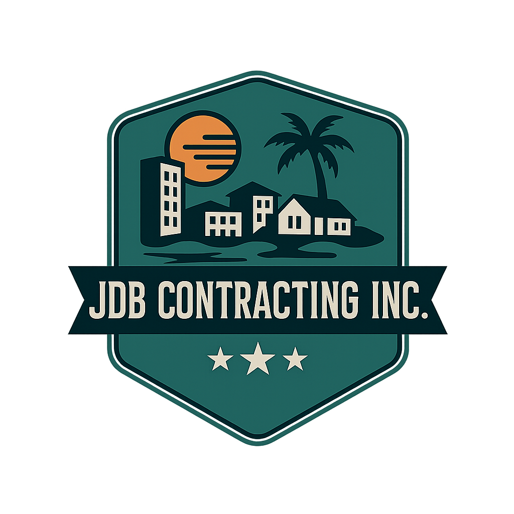 Logo for JDB Contracting Inc. featuring a sunset or sunrise over buildings, including a house, palm tree, and skyscrapers, with three stars below the company name.