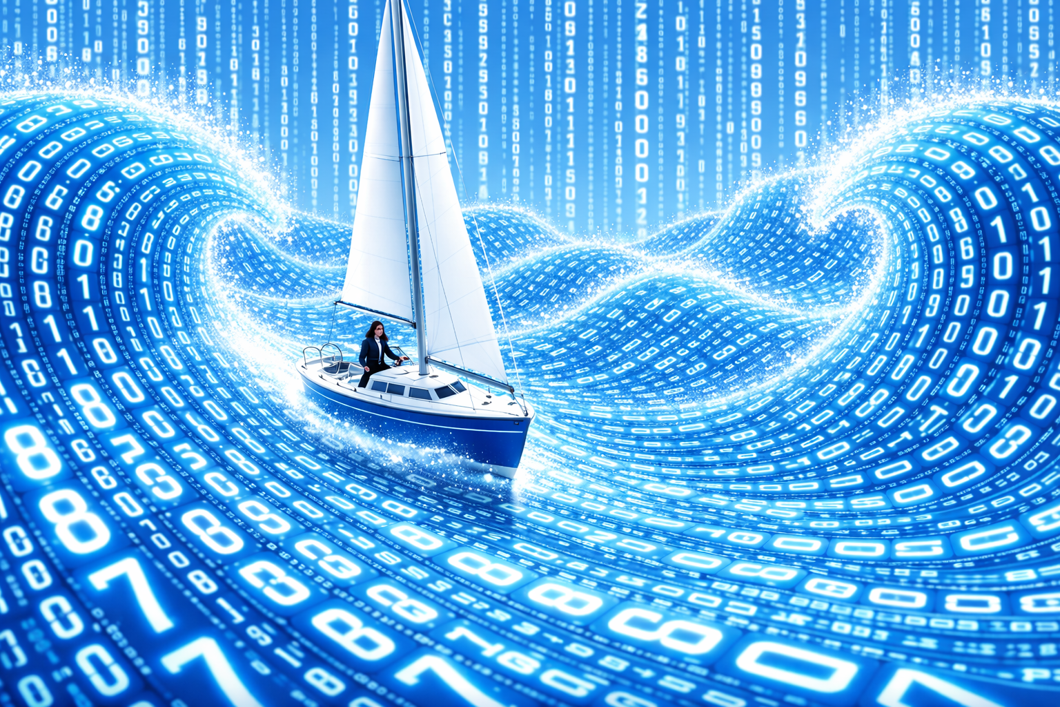 A woman sailing on a boat through a digital abstract background of flowing streams of binary code in blue and white.