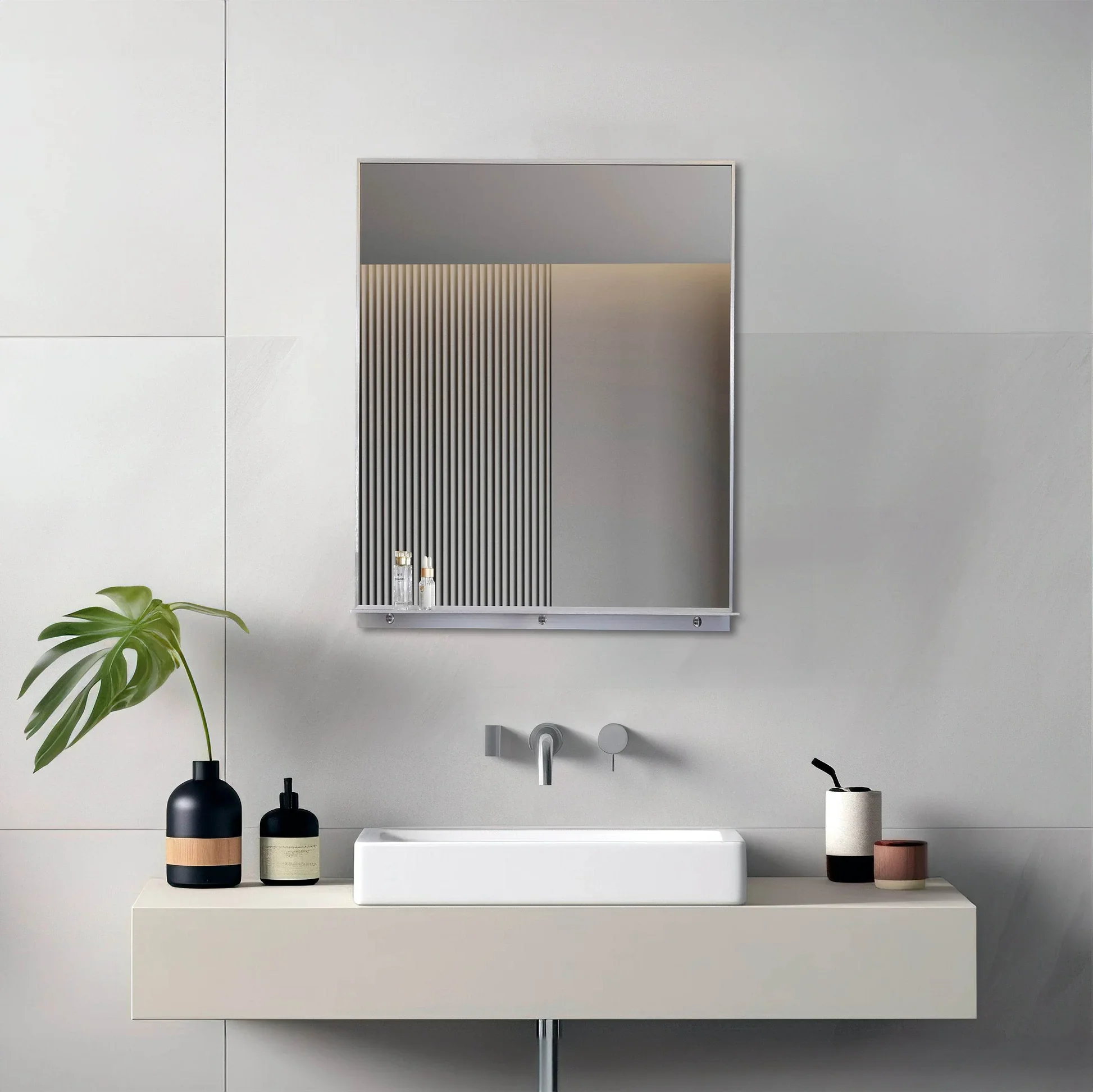 Lexi Rectangular Framed Mirror with Integrated Shelf in Brushed Nickel