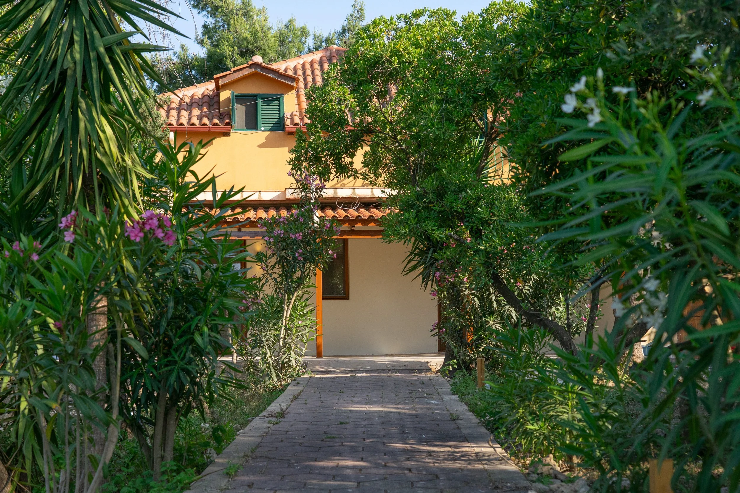 Pathway leading to a yellow house with a tiled roof, surrounded by greenery and flowering plants.