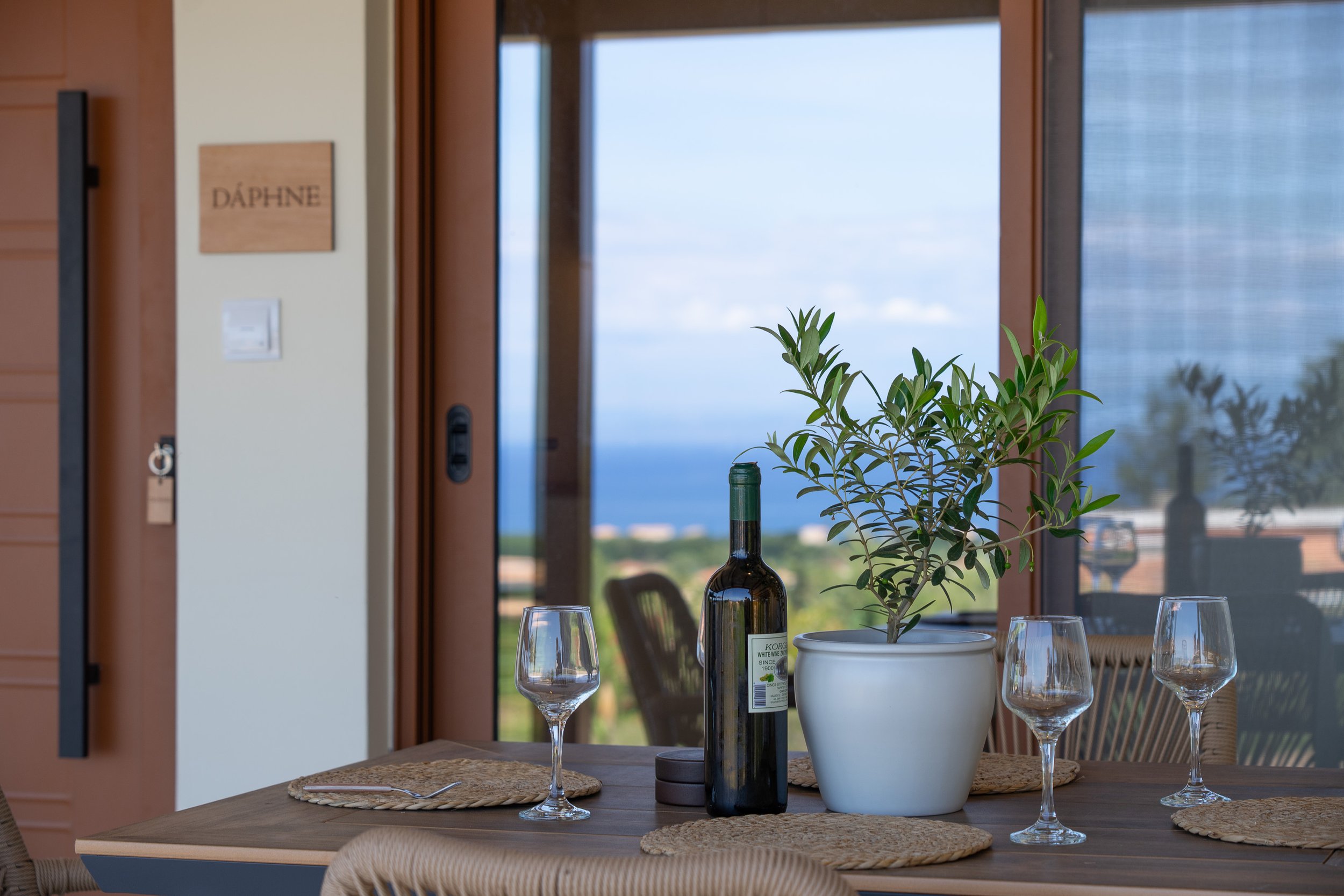 A dining table set with four wine glasses, a bottle of wine, a potted plant, and placemats, with large glass doors revealing an outdoor view of the ocean and sky.