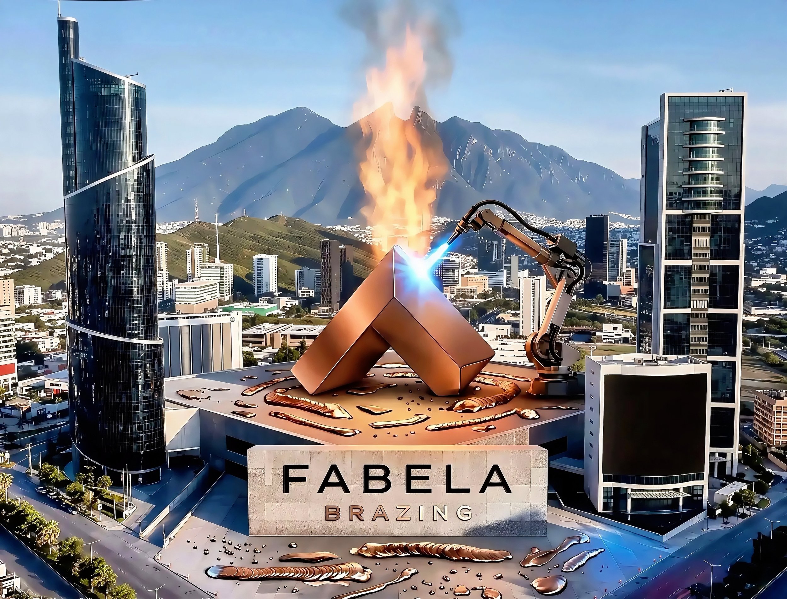 Imagen de una escultura gigante en forma de llama en la azotea del edificio Fabela en Brasilia, Brasil, con un volcán en erupción en el fondo y edificios modernos rodeando la ciudad.