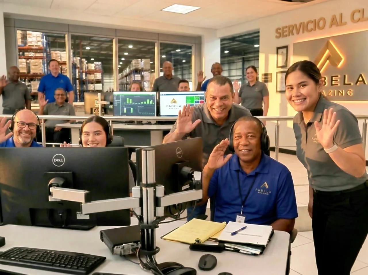 Equipo de trabajo en una oficina de servicio al cliente, algunos con audífonos, sonriendo y saludando a la cámara, con computadoras y monitores frente a ellos.