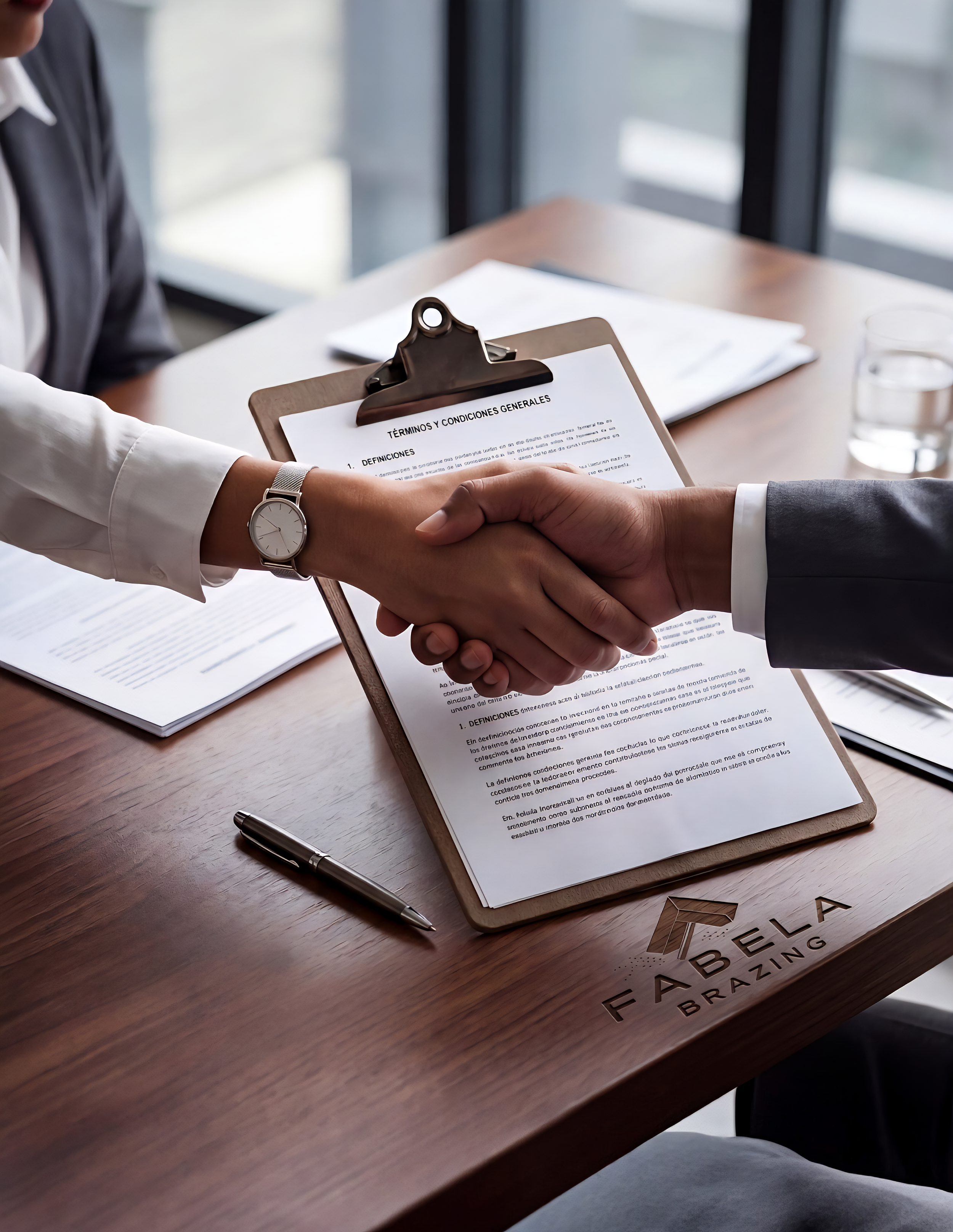 A mano de una persona en un traje de negocio estrecha la mano con otra persona en un entorno de oficina, con documentos y una pluma en la mesa.