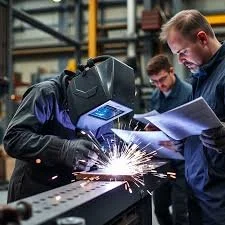 Tres personas en una fábrica inspeccionando una pieza metálica con un soldador encendido y chispas volando.