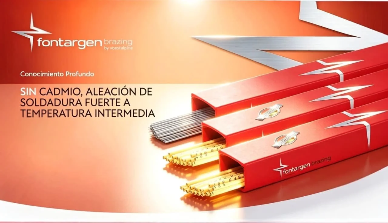 Cajas rojas con electrodos de soldadura y flechas plateadas en la parte superior, con texto en español que menciona soldadura fuerte sin cadmio y a temperatura intermedia.