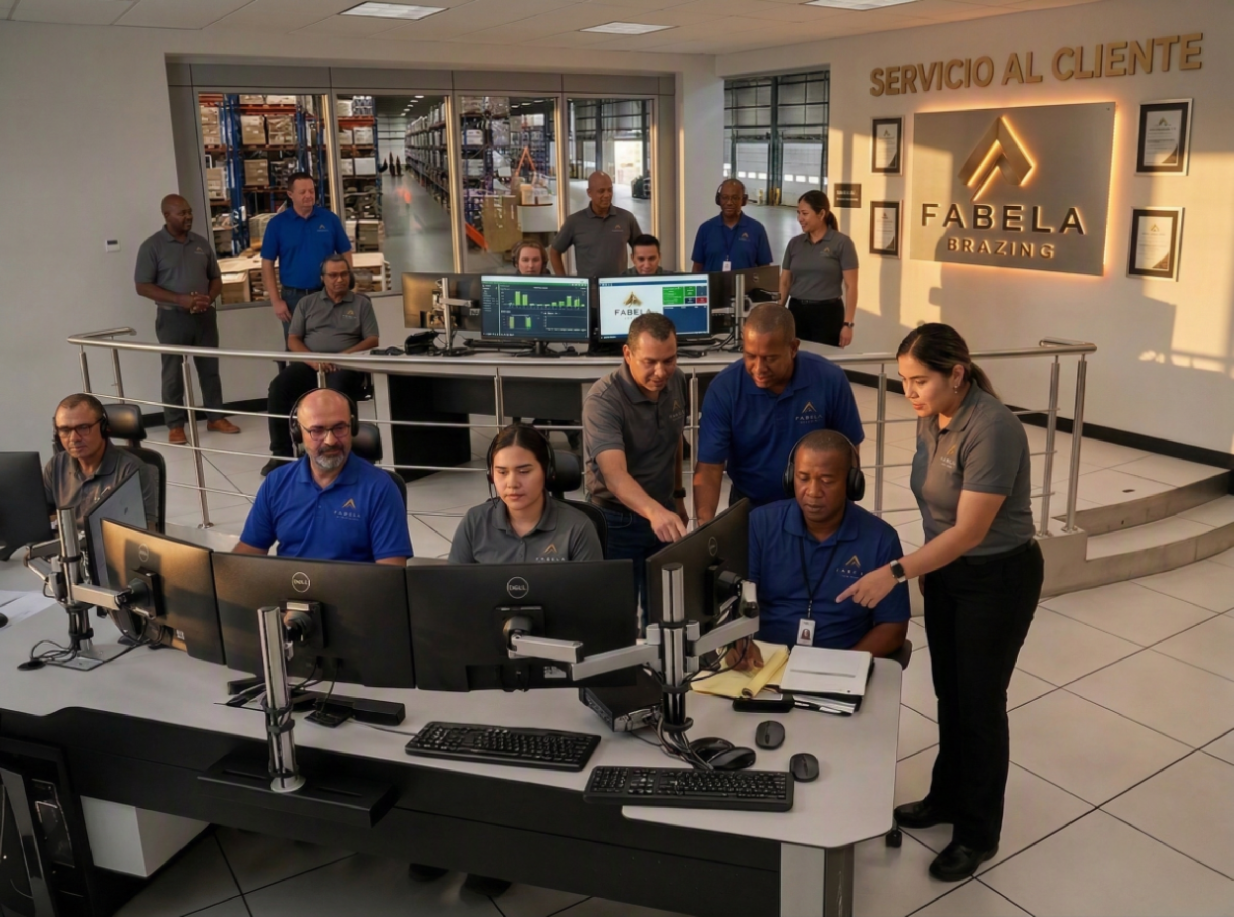Oficina de atención al cliente en Fabela Brazing con empleados trabajando en sus computadoras y en comunicación telefónica.