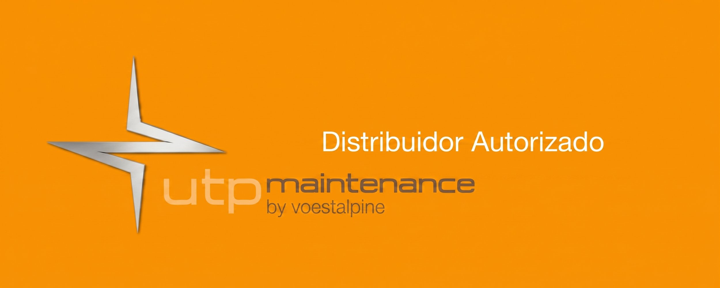 Fondo naranja con logotipo de una estrella plateada, texto que dice 'Distribuidor Autorizado UTP maintenance by Voestalpine'.
