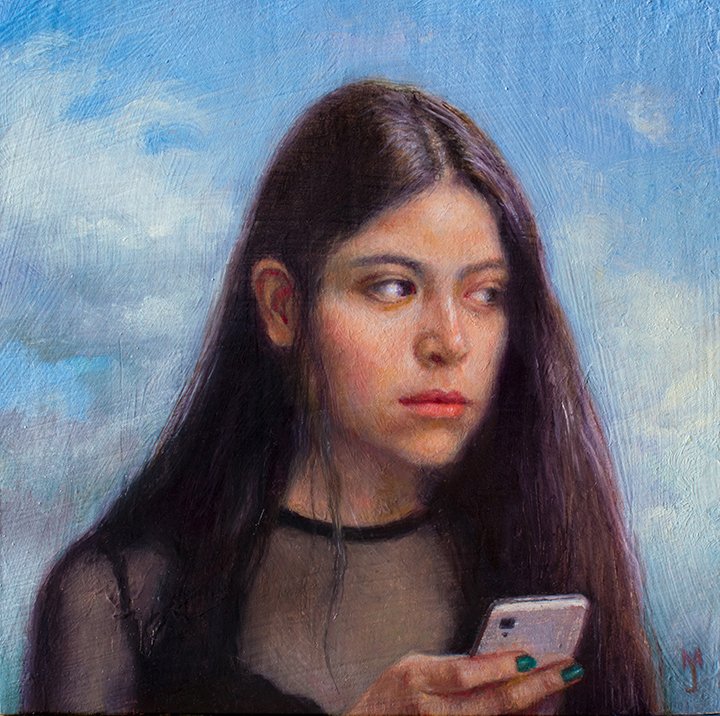 ” WaitingForClearerSkies” 2021, Oil on Board, 5x5 inches, 375.00.