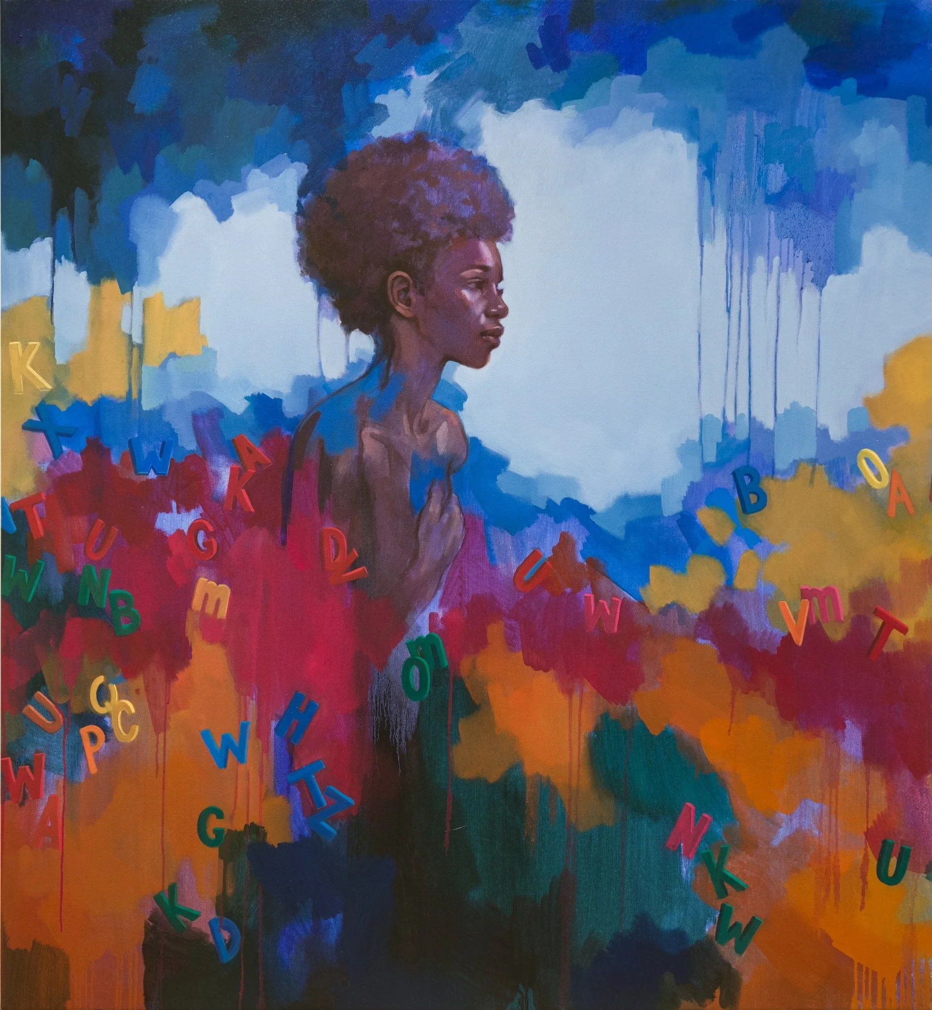 "Hold That Thought" oil on canvas, 50x46" 2025, $6400.