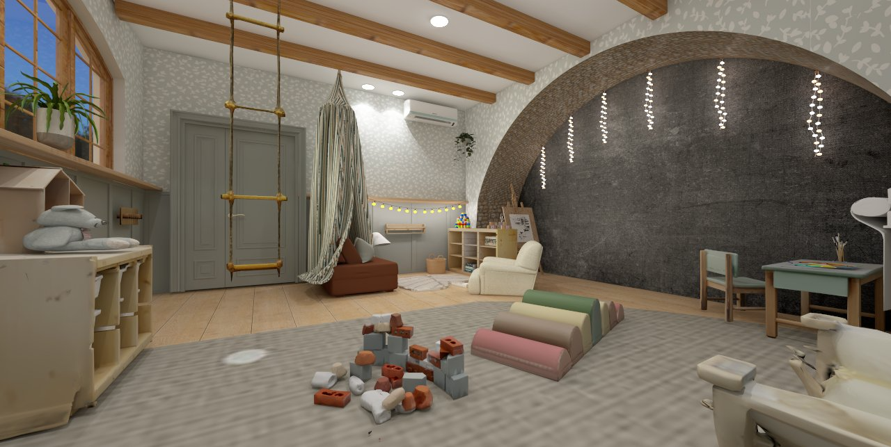 Sala de juegos infantil con muro de piedra, juguetes y muebles para niños, área de lectura, y decoración cálida con luces y plantas.