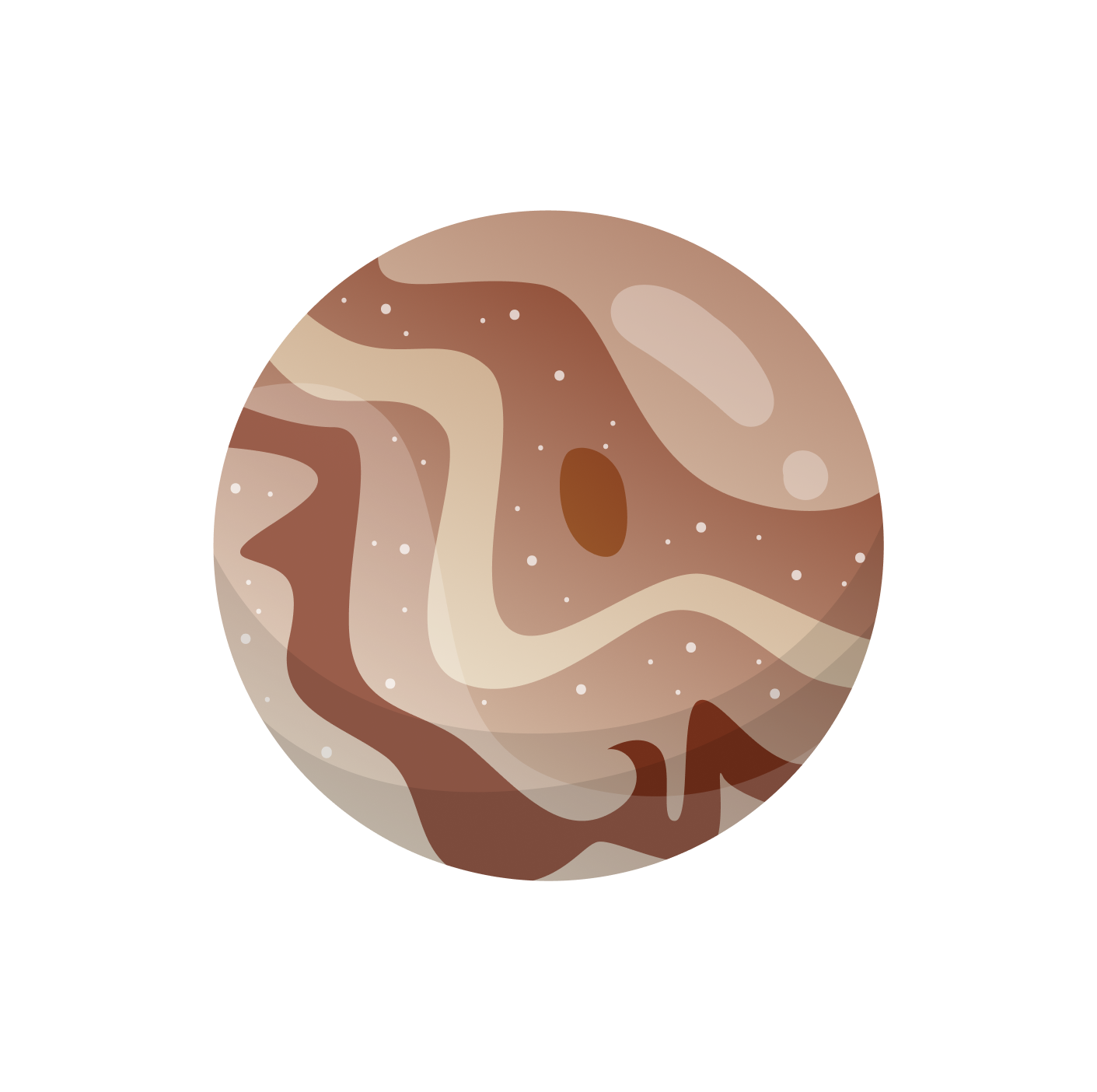 Ilustración de un planeta Marte en colores marrón y beige con detalles de cráteres y zonas de lava.