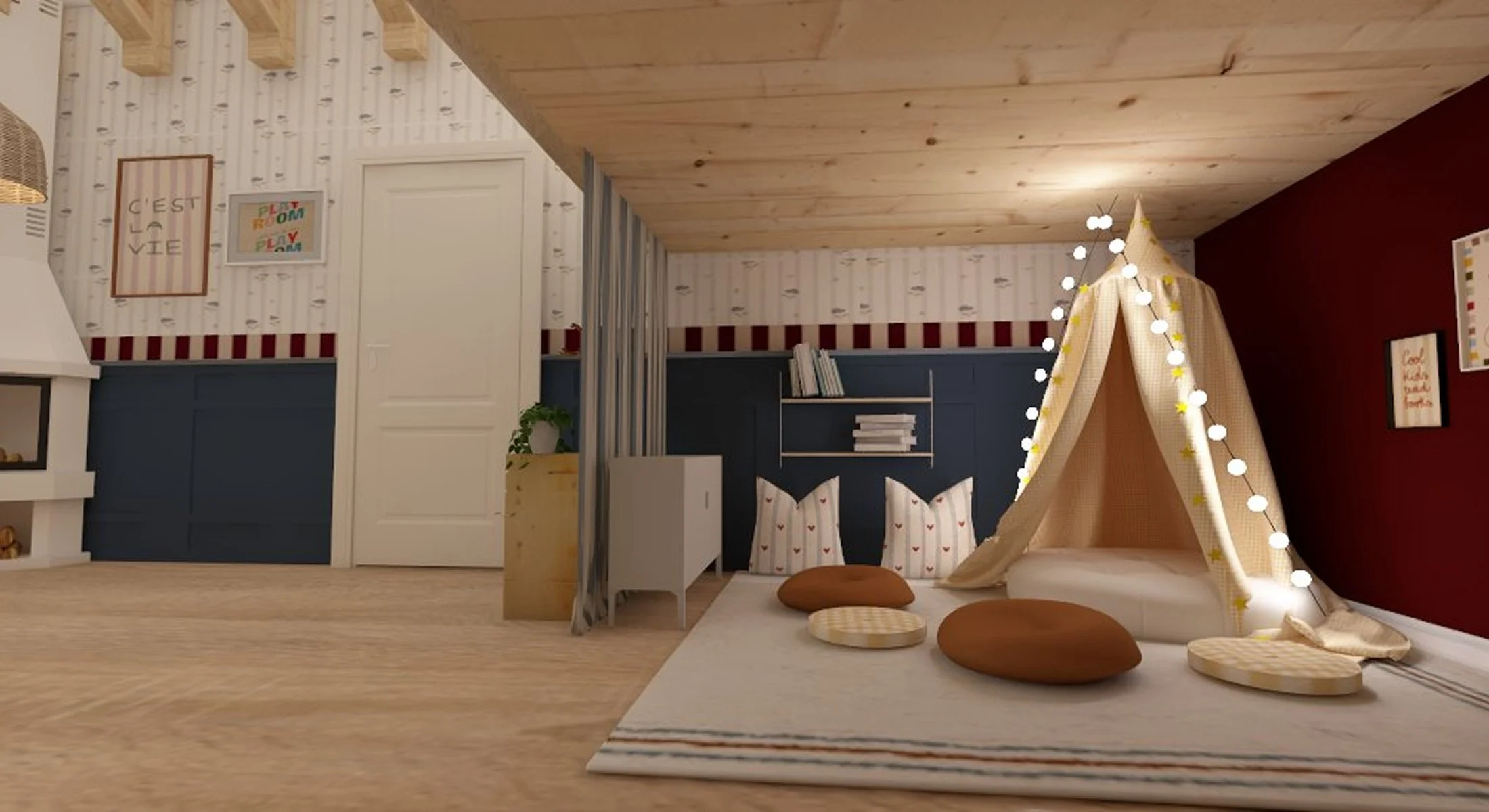 Una habitación infantil con una tienda de campaña decorada con luces, cojines y una alfombra en tonos cálidos, paredes decoradas con cuadros y estanterías con libros.