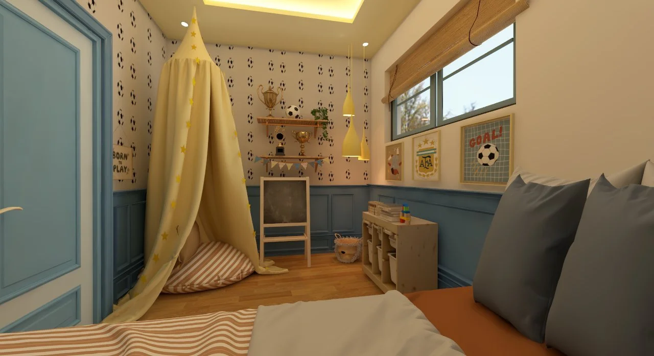 Dormitorio infantil decorado con temática deportiva y de fútbol, con una tienda de campaña en forma de sombrero de pícaro, estanterías con trofeos y fotos de fútbol, y paredes decoradas con dibujos relacionados al fútbol.