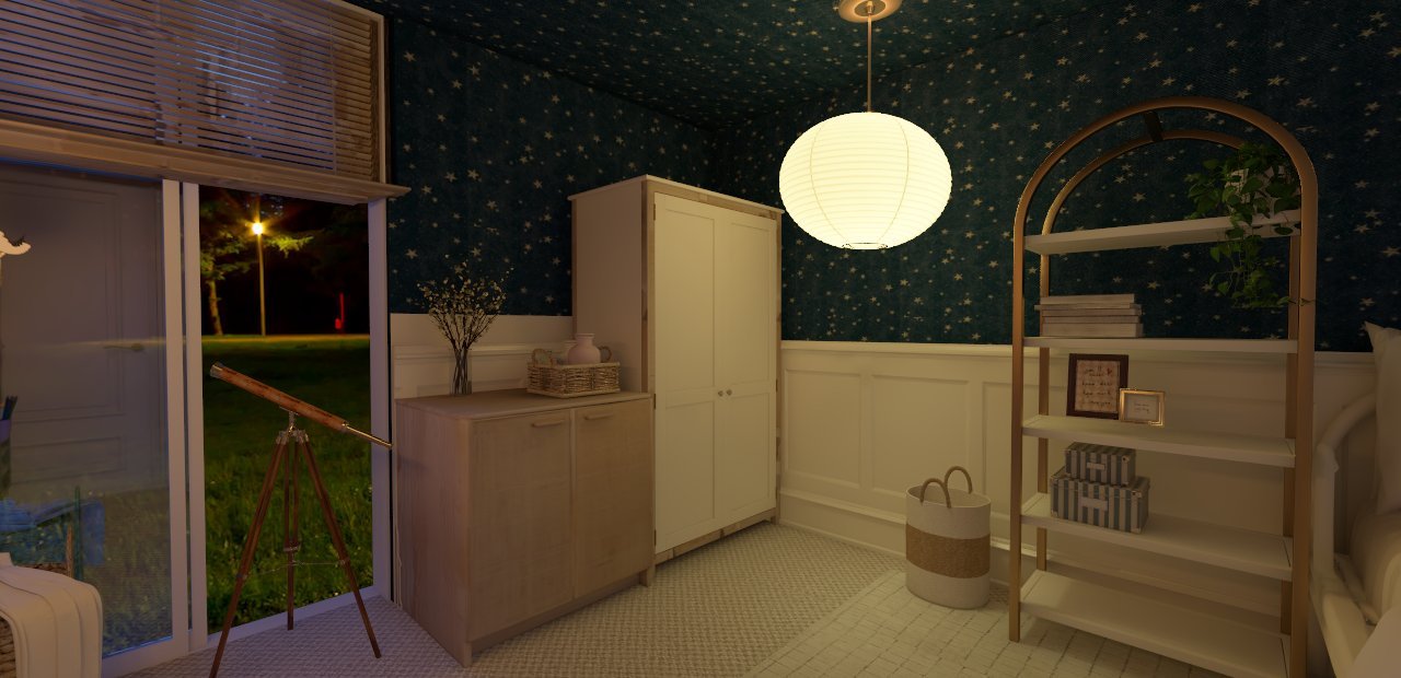 Habitación decorada con paredes con papel tapiz de estrellas, lámpara de papel, estantería de madera, armario blanco, y vistas a un parque desde la ventana.