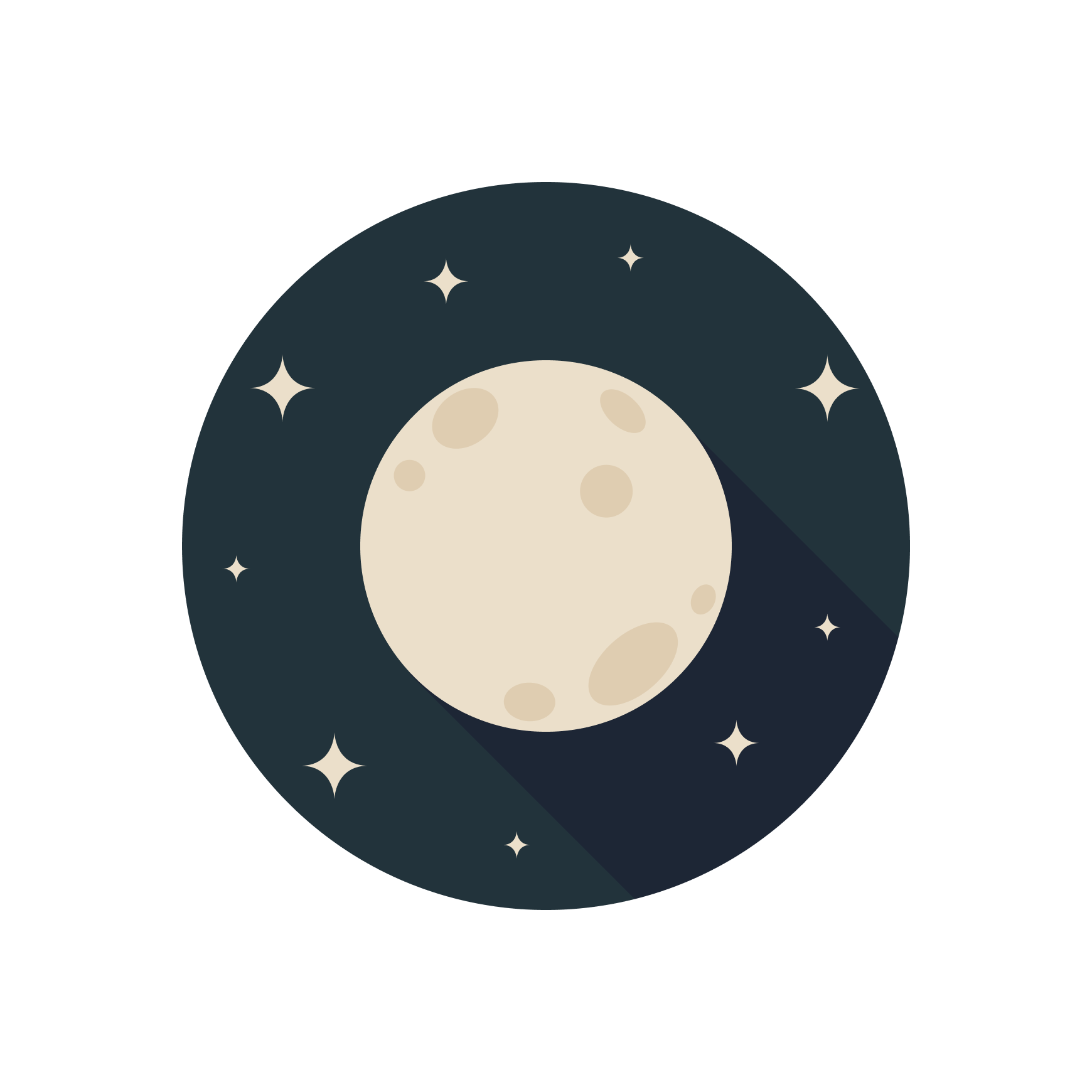 Ilustración del cielo nocturno con la luna llena en el centro y estrellas alrededor.