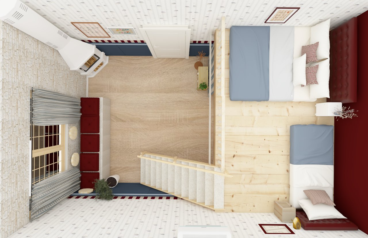 Vista aérea de un dormitorio con una escalera que lleva a un segundo nivel, una cama grande con cabecera roja, otra cama más pequeña, una chimenea en la esquina, ventanas con cortinas, una alfombra en el piso de madera, cuadros en las paredes y algunos muebles decorativos.