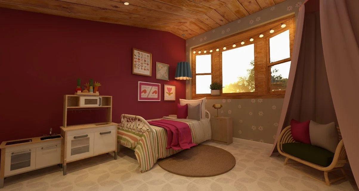 Dormitorio con paredes en tonos rosados y decoraciones florales, cama con mantas y cojines, ventanas con cortinas y vista al atardecer, área de descanso con cabaña y luces decorativas.