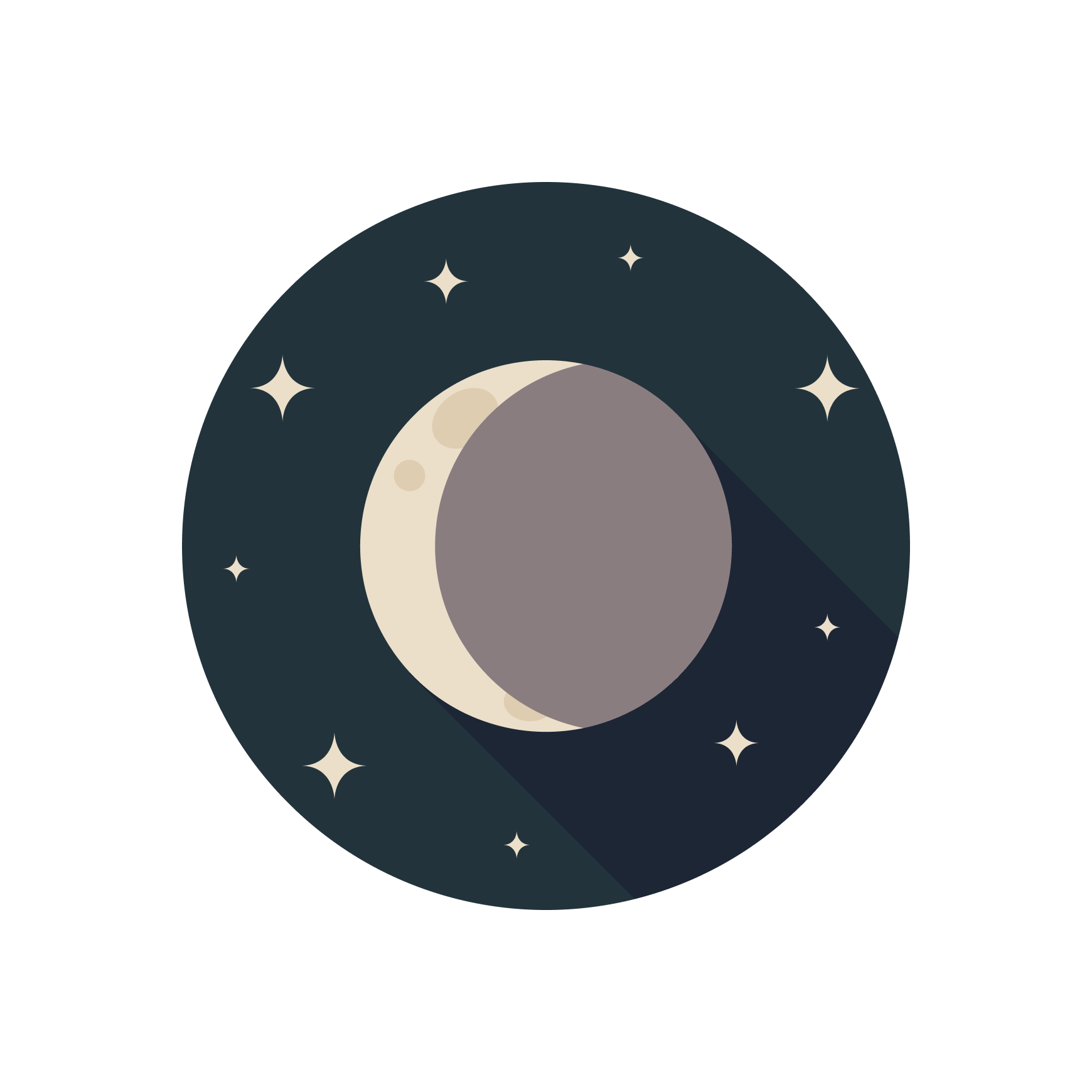 Ilustración del cielo nocturno con luna creciente y estrellas.