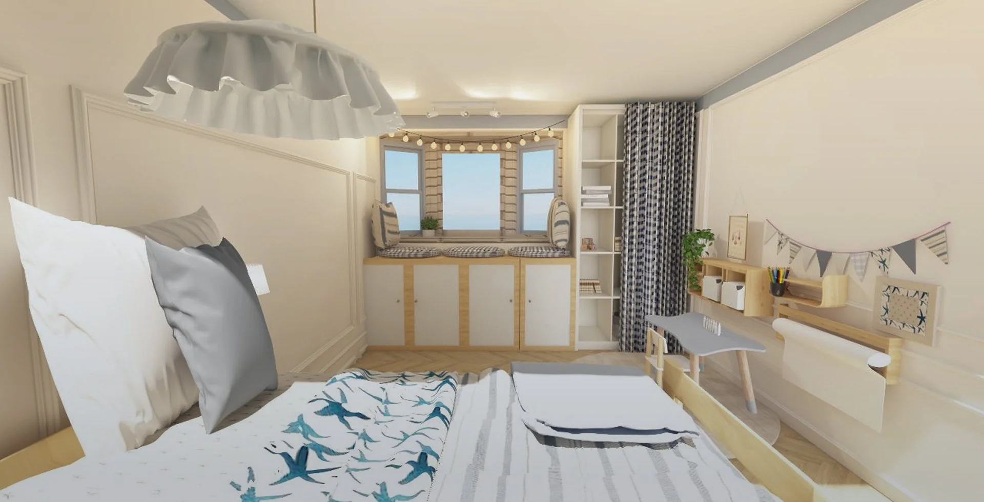 Habitación infantil con cama, ventanas con vista al mar, estantes blancos, cortinas, decoración temática marino y espacio de estudio.