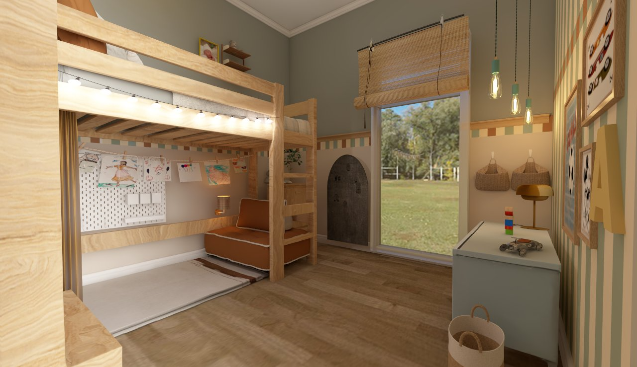 Habitación infantil decorada con un loft de madera, un sofá naranja, y una pared con dibujos infantiles colgados. Tiene un ventanal grande con vista al exterior, cortinas de bambú, y una lámpara de escritorio con estantes y cuadros decorativos en la pared. También hay una alfombra sobre el piso de madera.