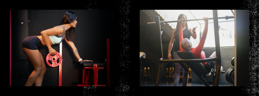 Two-image collage showing a woman performing a dumbbell row and a personal trainer spotting a client during a gym strength training workout program