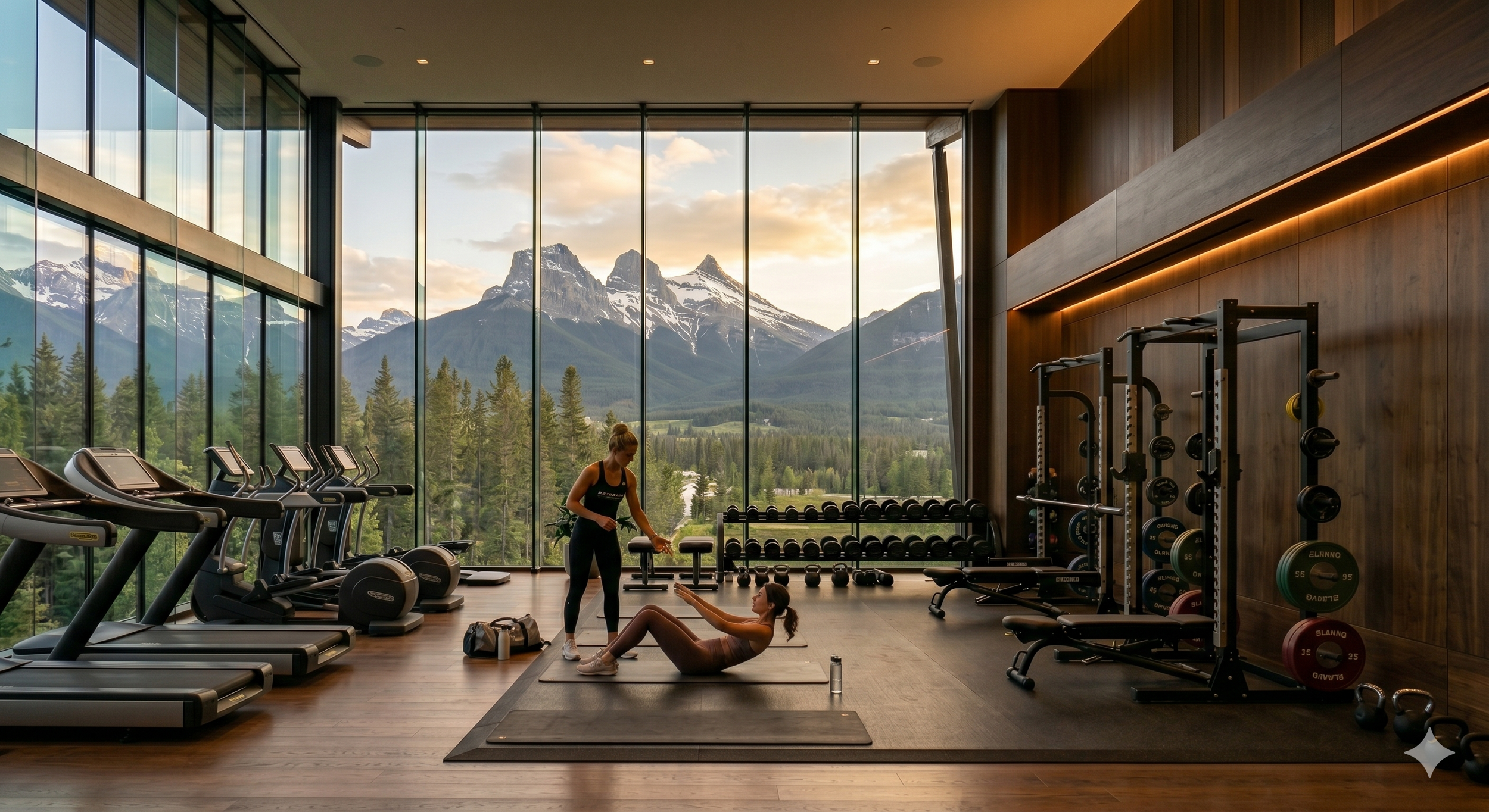 Personal trainer coaching a client doing core work on a mat inside a luxury gym with floor-to-ceiling mountain views and full weight equipment