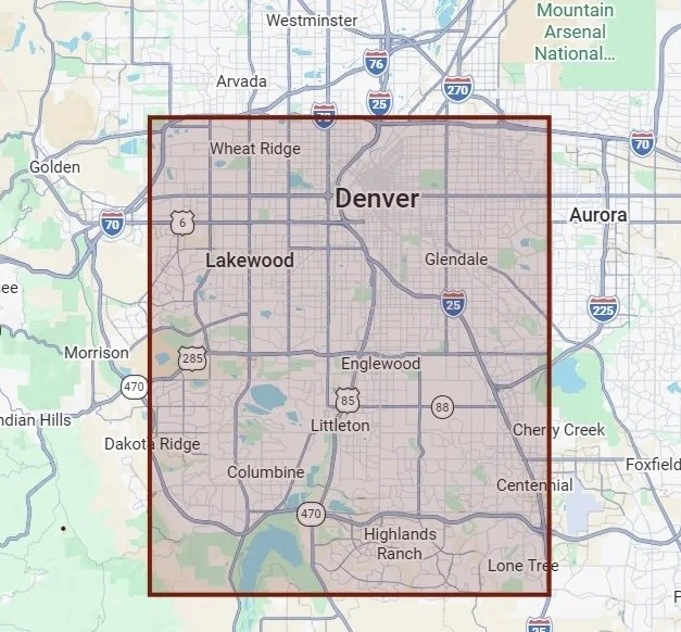 Map highlighting Denver, Colorado, and surrounding neighborhoods including Wheat Ridge, Lakewood, Englewood, Littleton, and Highlands Ranch.