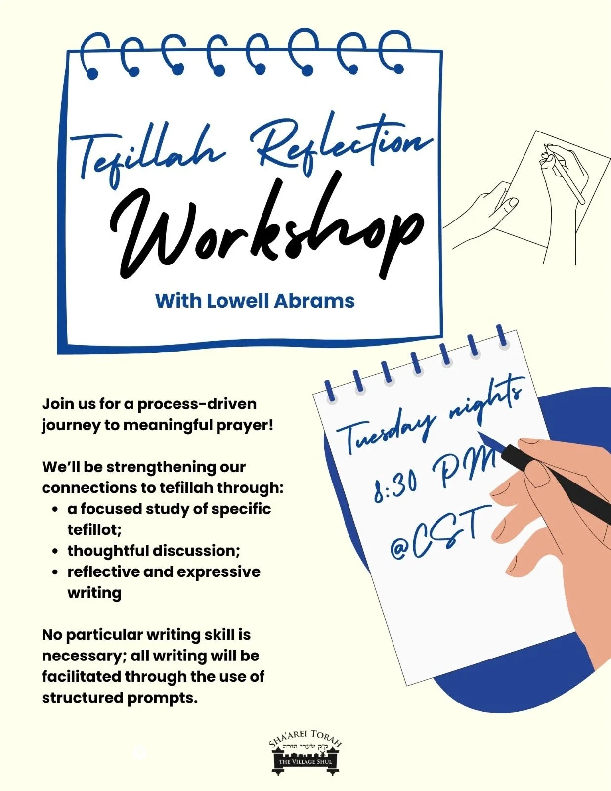 Announcement for Tefillah Reflection Workshop led by Lowell Abrams, held on Tuesday at 8:30 PM CST, featuring hand-drawn graphics of a notebook, a person writing, and a list of workshop details.