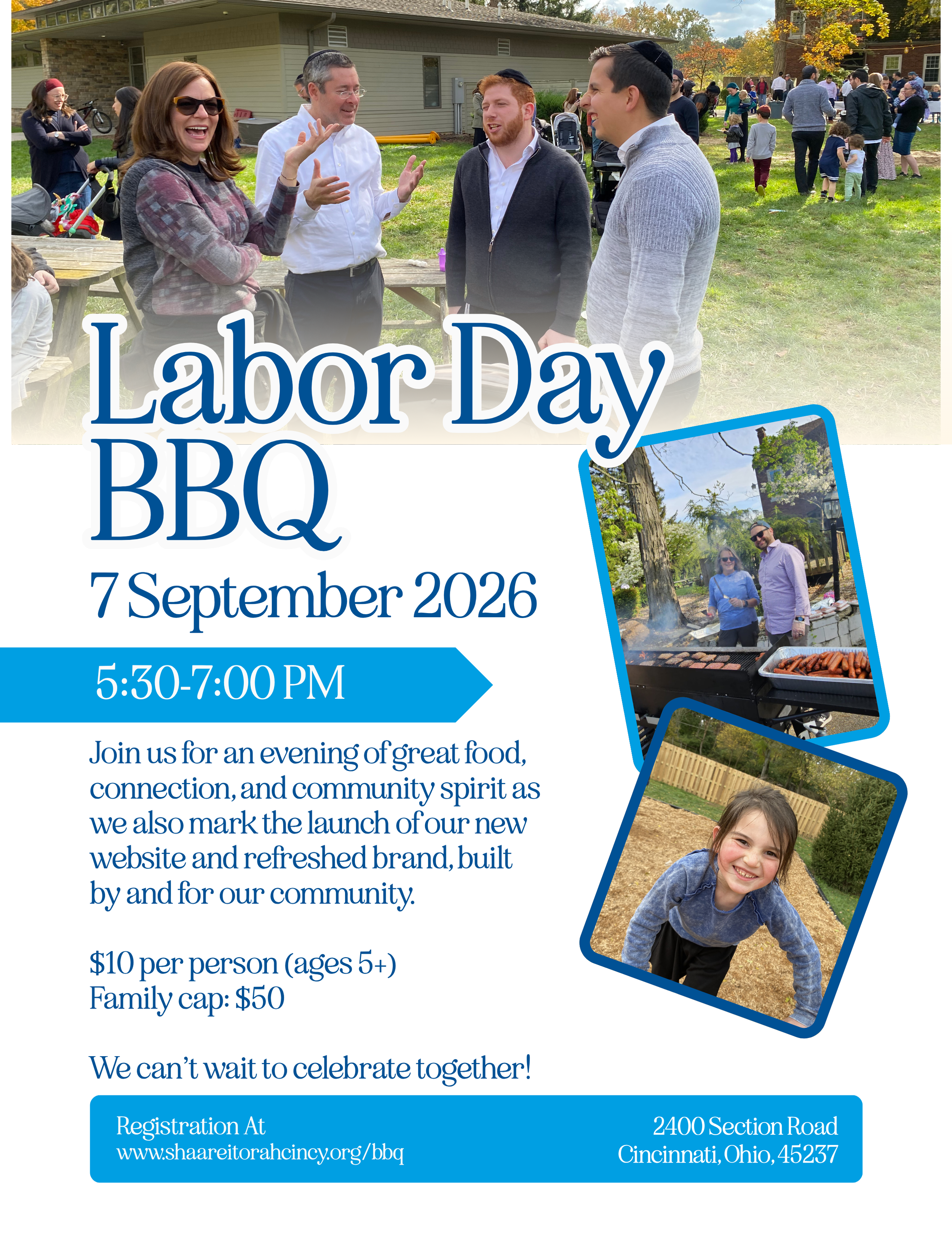 Four adults and children gathered outdoors at a community event, with food and activities for Labor Day BBQ in Cincinnati, Ohio, September 7, 2026, from 5:30 to 7:00 pm.