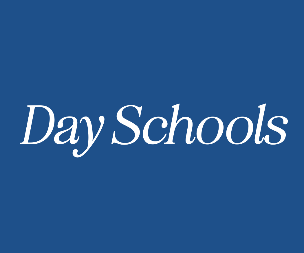 Blue background with white text reading 'Day Schools' in a stylized font.