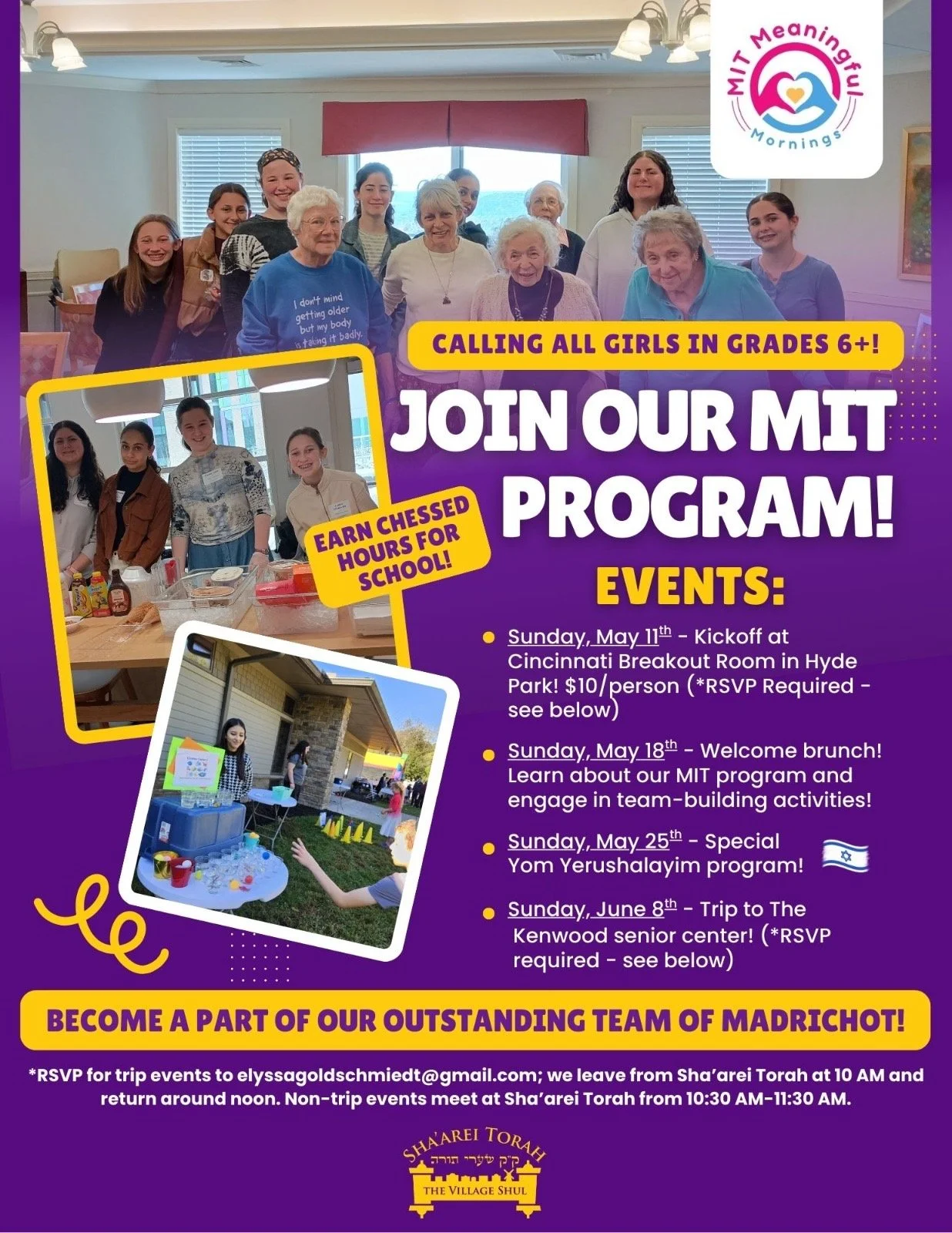 Flyer for MIT program events with photos of girls, seniors, and outdoor activities, featuring details of upcoming events on Sundays in May and June, including kickoff, brunch, Yom Yerushalayim program, and trip, encouraging girls in grades 6+ to join.