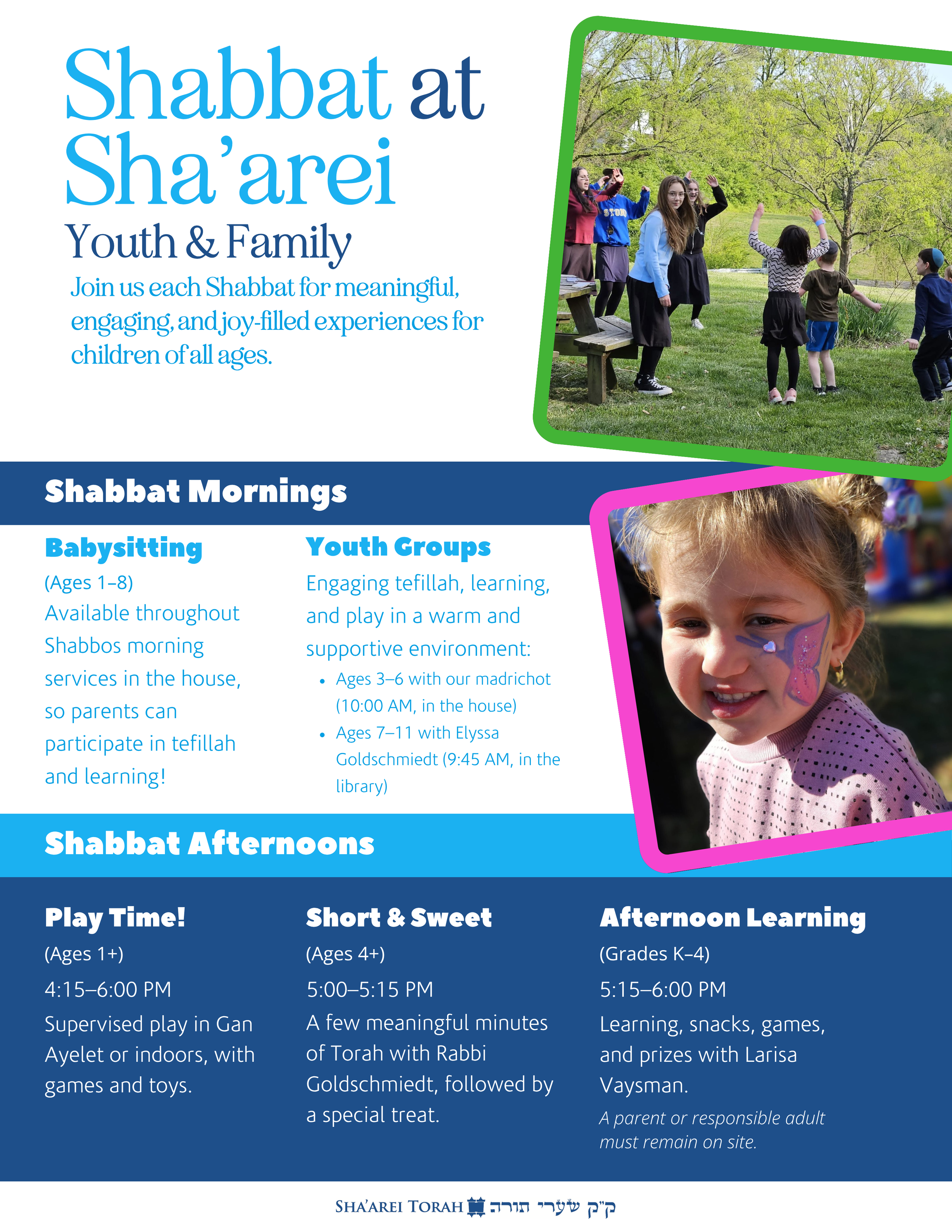 Event flyer for Sha'arei Sha'arei Youth & Family Shabbat programs, featuring images of children and families outdoors, with sections detailing morning, afternoon, and evening activities for various age groups, and the Sha'arei Torah logo at the bottom.