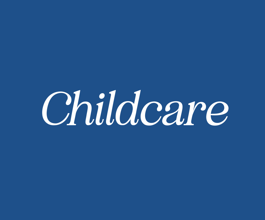 White text reading 'Childcare' on a dark blue background.