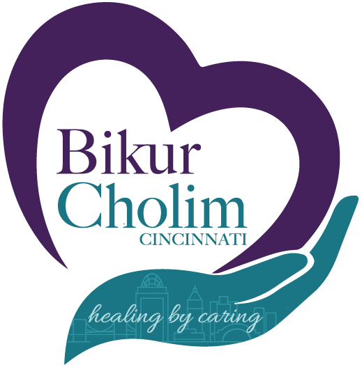 Logo for Bikur Cholim Cincinnati featuring a purple heart, teal hand, and text 'Bikur Cholim Cincinnati' with the tagline 'healing by caring' and cityscape outline.